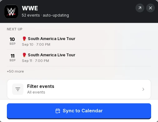 Sync2Cal's WWE card, showing the next two events, a Filter events row set to All events, and a Sync to Calendar button.